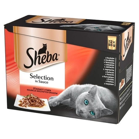 Sheba saszetka Selection in Sauce Soczyste Smaki - mokra karma dla kotów w sosie (z wołowiną, z jagnięciną, z kurczakiem, z indykiem) 12x85g