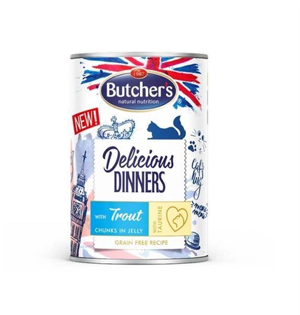 Butcher's Delicious Dinners,kawałki z pstrągiem w galaretce, 400g-mokra karma dla kota,400g