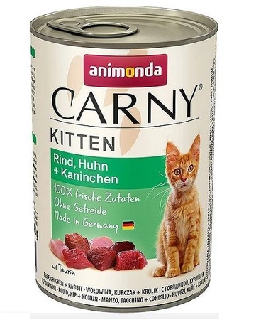Animonda Carny Kitten Rind Huhn + Kahninchen 400 g - mokra karma dla kociąt z wołowiną kurczakiem i królikiem 400g