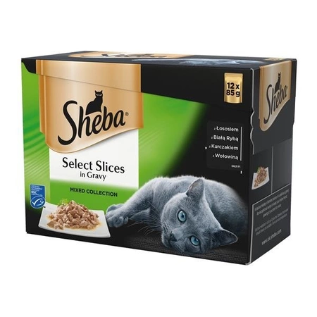 SHEBA saszetka Select Slices in Gravy - mokra karma dla kotów w sosie (z łososiem, z białą rybą, z kurczakiem, z wołowiną) 12x85g