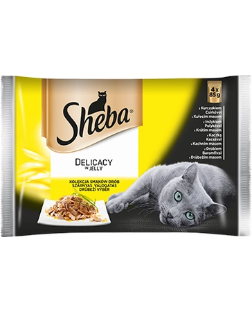 SHEBA saszetka Delicacy in Jelly Smaki Drobiowe - mokra karma dla kotów w galaretce (z kurczakiem, z indykiem, z kaczką, z drobiem) 4x85g