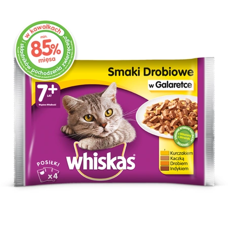 Whiskas ( 7+ lat) Wybór Dań Drobiowych w Galaretce 4 x 100 g - mokra karma dla kotów powyżej 7 roku życia wybór dań drobiowych w galaretce 4x100g