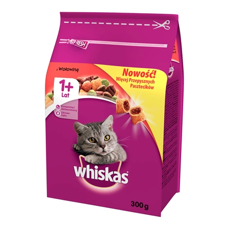 Whiskas ( 1+ lat) z Wołowiną 300 g - sucha karma dla kotów powyżej 1 roku życia z wołowiną 300g