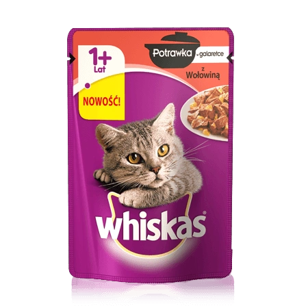 Whiskas ( 1+ lat) Potrawka w Galaretce z Wołowiną 85 g - mokra karma dla kotów powyżej 1 roku życia potrawka w galaretce z wołowiną 85g