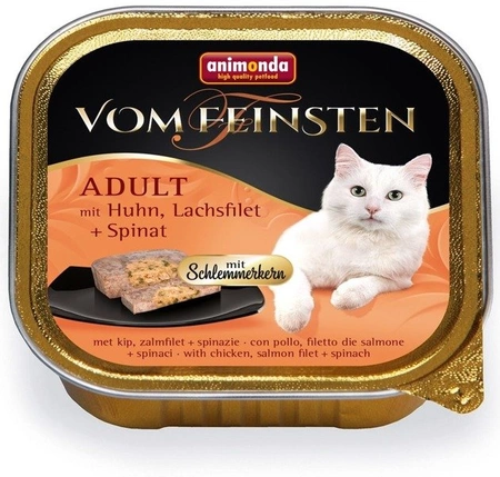 Animonda Vom Feinsten Adult mit Huhn, Lachsfilet + Spinat 100 g - mokra karma dla dorosłych kotów z kurczakiem, łososiem i szpinakiem 100g