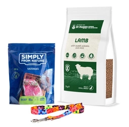 Dr.Huggy supreme dog nutrition + FERA Octagon Smycz prosta 15 mm/130 cm + SIMPLY FROM NATURE - przysmak dla psa ZESTAW