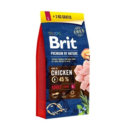 Brit Premium by Nature Adult Large Chicken 15 kg + 3 kg Promocyjne Opakowanie - sucha karma dla dorosłych psów dużych ras z kurczakiem 18kg (15+3kg) promocyjne opakowanie