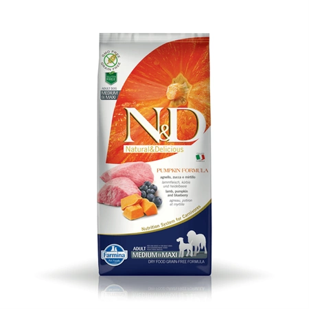 Farmina N&D GF Pumpkin Lamb Blueberry Adult Medium Maxi 12kg - sucha karma dla dorosłych psów ras średnich i dużych z Jagnięciną 12kg