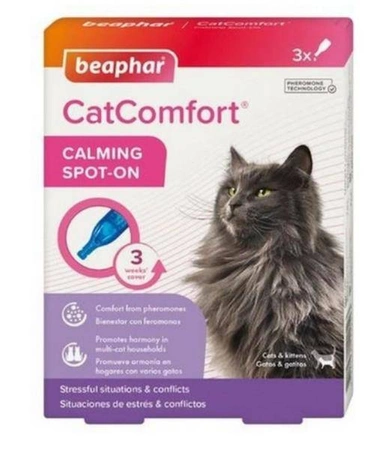 Beaphar CATCOMFORT CALMING SPOT-ON - krople uspokajające z zawartością feromonów dla kotów 3x0,55ml