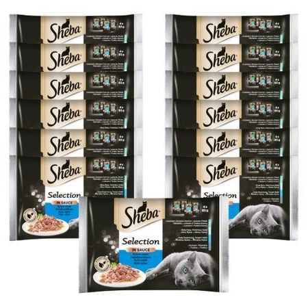 SHEBA Selection in Sauce Smaki Rybne w sosie, 52x85g - karma mokra dla kota w saszetkach z białą rybą,  łososiem, dorszem, tuńczykiem, 52x85g
