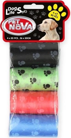 Pet Nova DOG LIFE STYLE Worki na psie nieczystości, 4 rolki x 20szt, różne kolory nadruk łapy