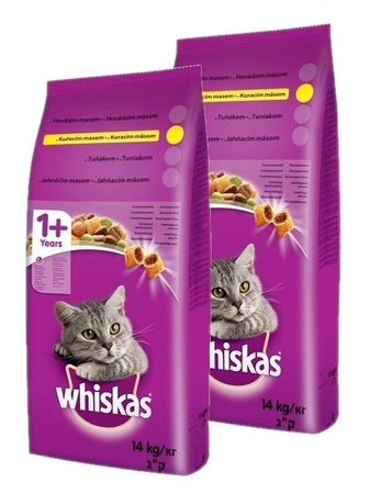 Whiskas Adult - sucha karma dla dorosłych kotów z  kurczakiem i warzywami 2 x 14kg