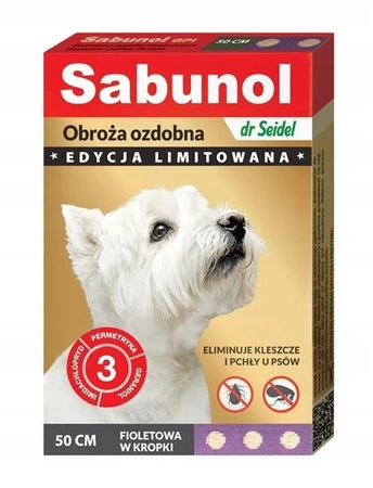 Sabunol GPI obroża ozdobna fioletowa w kropki przeciw kleszczom i pchłom dla psów 50cm