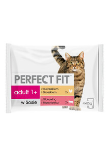 Perfect Fit Kot Adult Wołowina i Kurczak 4x85g - mokra karma dla kota w sosie wołowina z marchewką, kurczak z groszkiem 340g