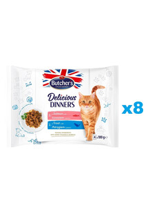 BUTCHER'S Delicious Dinners z łososiem, z pstrągiem w galaretce 32x100 g karma mokra dla kotów