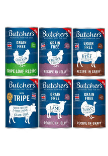 BUTCHER'S Original Mix smaków 6x400g w sosie (z wołowiną, z indykiem) w galaretce (z kurczakiem, z jagnięcina) pasztet (ze żwaczem, z kurczakiem i żwaczem)