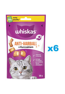 WHISKAS Anti-Hairball 6x50 g przysmaki odkłaczające dla dorosłych kotów
