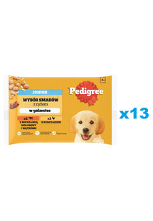 PEDIGREE Junior Wybór Smaków z ryżem saszetki 52x100 g mokra karma pełnoporcjowa dla szczeniąt, kawałki z mieszanką wołowiny i wątróbki i ryżem, z kurczakiem i ryżem, w galaretce