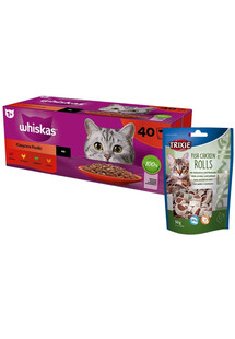 WHISKAS Klasyczne Posiłki mokra karma dla kotów w sosie 40x85 g + Trixie Fish Chicken Rolls 50g - przysmak dla kota krązki kurczak-łosoś