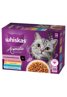 Adult Aromatyczna Mieszanka saszetki 12x85 g mokra karma pełnoporcjowa dla dorosłych kotów w sosie kawałki z glazurowaną wieprzowiną i marchewką, soczystym kurczakiem, z kawałkami ryb oceanicznych w bulionie, delikatnym łososiem i groszkiem