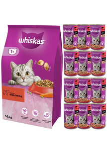 WHISKAS Adult 14 kg - sucha karma dla dorosłego kota, z pyszną wołowiną + WHISKAS Adult puszka 12x400g - mokra karma dla dorosłych kotów z wołowiną w sosie