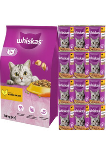 WHISKAS Adult 14kg - sucha karma dla kotów z kurczakiem + WHISKAS Puszka Galaretka Kurczak 12x400g - mokra karma dla kotów dorosłych