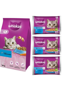 WHISKAS Adult 14kg - sucha karma dla kotów z tuńczykiem i warzywami + WHISKAS Adult saszetka 12x85g Rybne Przysmaki mokra karma dla dorosłych kotów w galaretce z: łososiem, tuńczykiem