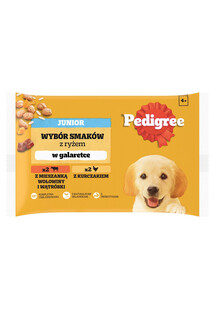 PEDIGREE Junior Wybór Smaków z ryżem saszetki 4x100 g mokra karma pełnoporcjowa dla szczeniąt, kawałki z mieszanką wołowiny i wątróbki i ryżem, z kurczakiem i ryżem, w galaretce