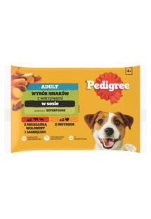 PEDIGREE Adult Wybór Smaków z warzywami saszetki 4x100 g mokra karma pełnoporcjowa dla dorosłych psów, z mieszanką wołowiny i jagnięciny, z indykiem, w sosie