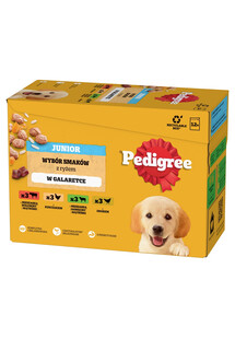 PEDIGREE Junior Wybór Smaków z ryżem saszetki 12x100 g mokra karma pełnoporcjowa dla szczeniąt, kawałki z mieszanką wołowiny i wątróbki i ryżem, z kurczakiem i ryżem, z mieszanką jagnięciny i wątróbki i ryżem, z drobiem i ryżem, w galaretce