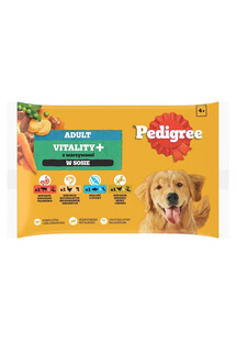 Adult Vitality+ z warzywami saszetki 4x85 g mokra karma pełnoporcjowa dla dorosłych psów z wołowiną i wątróbką, marchewką i groszkiem, z kurczakiem i ziemniakami, z rybą i marchewką, z drobiem, marchewką i groszkiem w sosie