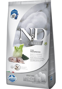 FARMINA N&D White Dog Adult Medium Maxi Sea Bass, Spirulina, Fennel 7 kg dla dorosłych psów z jasną sierścią