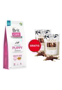 BRIT Care Grain-free Puppy karma sucha z łososiem 12 kg + WOOLF Chicken And Rawhide Twister 2 x 100g suszona skóra owinięta kurczakiem GRATIS