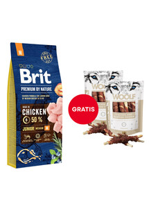 BRIT Premium By Nature Junior Medium M Chicken 15 kg + WOOLF Chicken And Rawhide Twister 2 x 100g GRATIS