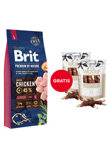 BRIT Premium By Nature Junior Large L Chicken 15 kg + WOOLF Chicken And Rawhide Twister 2 x 100g GRATIS