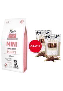 BRIT Care Mini Grain Free Mini Puppy lamb 7 kg + WOOLF Chicken And Rawhide Twister 2 x 100g suszona skóra owinięta kurczakiem GRATIS