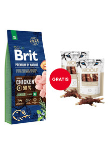 BRIT Premium By Nature Junior Extra Large XL Chicken 15 kg + WOOLF Chicken And Rawhide Twister 2 x 100g GRATIS