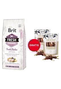 BRIT Fresh chicken with potato puppy healthy growth 12 kg + WOOLF Chicken And Rawhide Twister 2 x 100g suszona skóra owinięta kurczakiem GRATIS
