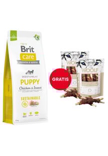 BRIT Care Sustainable Puppy z kurczakiem i insektami 12 kg + WOOLF Chicken And Rawhide Twister 2 x 100g suszona skóra owinięta kurczakiem GRATIS