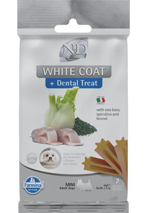 FARMINA N&D White Dental Treat Coat Sea bass Adult Mini Dog dentystyczny przysmak dla małych psów 60 g (7 szt)