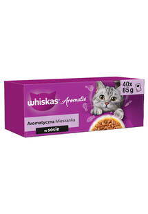 Adult Aromatyczna Mieszanka saszetki 40x85 g mokra karma pełnoporcjowa dla dorosłych kotów w sosie kawałki z glazurowaną wieprzowiną i marchewką, soczystym kurczakiem, z kawałkami ryb oceanicznych w bulionie, delikatnym łososiem i groszkiem