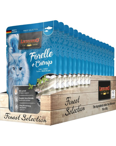 LEONARDO Finest Selection, mokra karma dla kota, pstrąg i kocimiętka dla kota 16 x 85 g