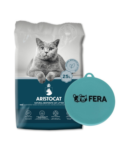 ARISTOCAT Bentonite Plus żwirek bentonitowy naturalny 25 l + FERA Pokrywka na puszkę silikonowa 7,5 cm silikonowa