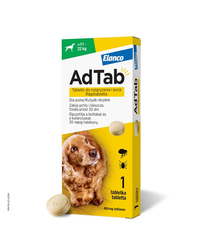 AdTab 450 mg tabletki na kleszcze i pchły do rozgryzania i żucia dla psów (>11–22 kg)