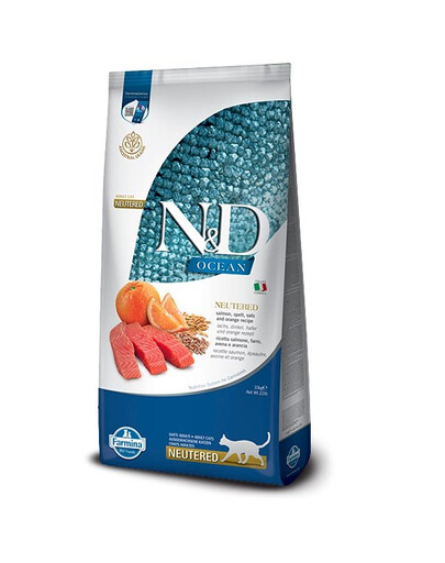 FARMINA N&D Ocean Adult Cat Neutered 10 kg smak łosoś, orkisz, owies i pomarańcza
