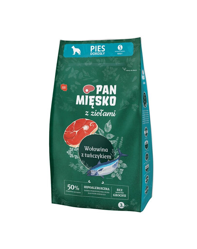 PAN MIĘSKO karma sucha z ziołami Wołowina z tuńczykiem S 3 kg dla ras małych