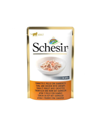 SCHESIR Jelly Adult Tuna Chicken and Shrimps mokra karma z tuńczykiem, kurczakiem i krewetką w galaretce dla kotów 85 g
