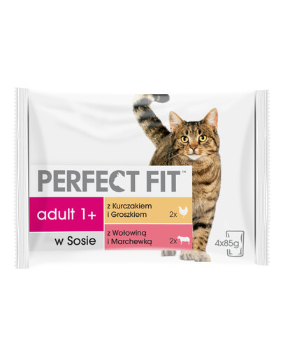 Perfect Fit Kot Adult Wołowina i Kurczak 4x85g - mokra karma dla kota w sosie wołowina z marchewką, kurczak z groszkiem 340g
