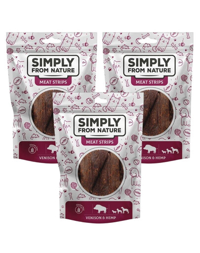 SIMPLY FROM NATURE Meat Strips - Mięsne paski dla psów z dziczyzną i konopiami, 3x80 g