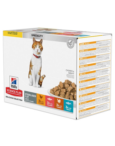 HILL'S Science Plan Feline Young Adult Sterilised Cat Multipack 12x85 g kurczak, pstrąg, tuńczyk, łosoś